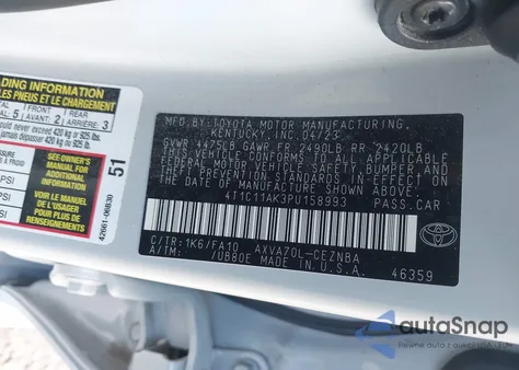 2023 Toyota Camry Le из США, поврежденный, VIN 4T1C11AK3PU158993